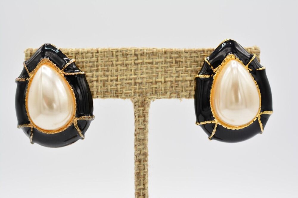 Vintage Pearl Earrings Teardrop Black Enamel Gold Tone Chunky 1980s BinAB